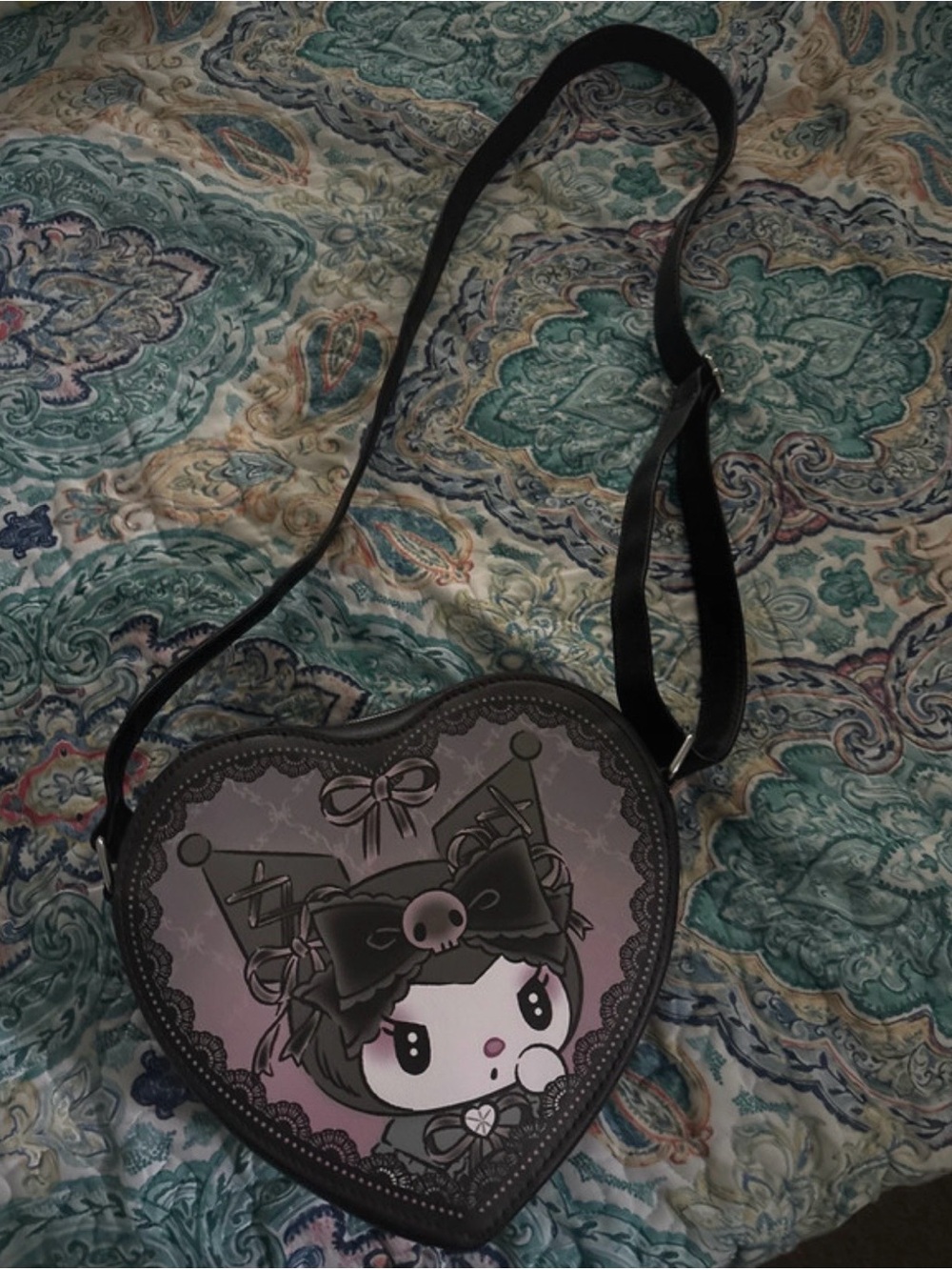 Loungefly/Sanrio Heart-Shaped Black and Purple Kuromi Crossbody Bag (NWOT)